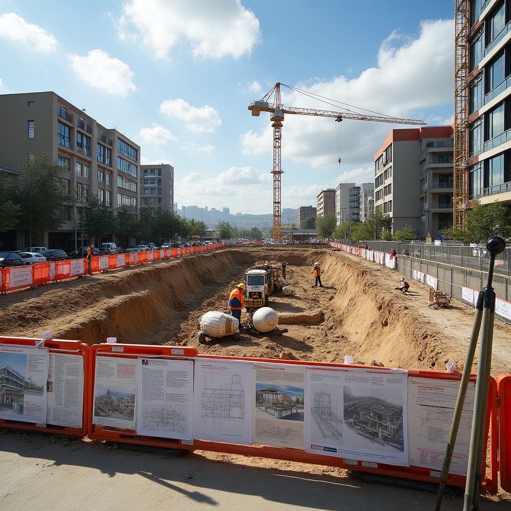 Urban development site with construction planning