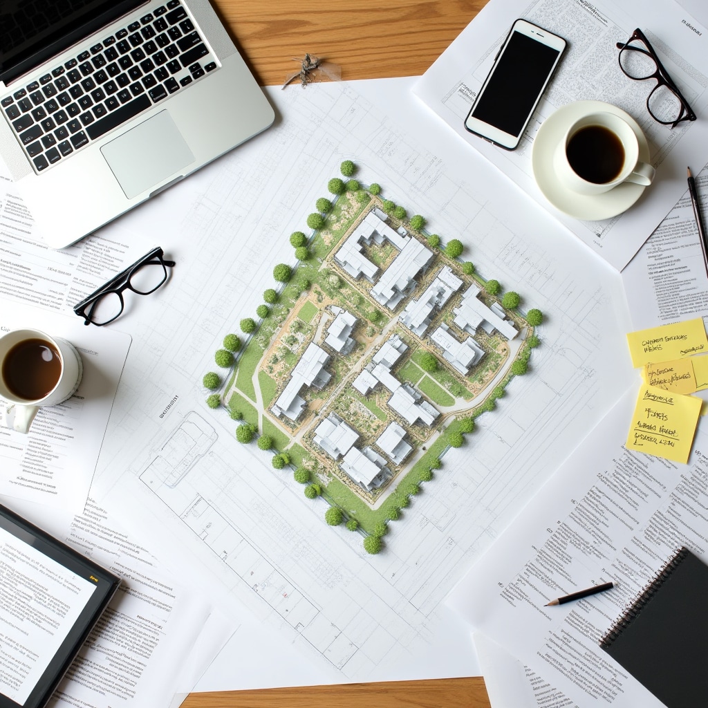 Urban planning project workspace with documents and maps